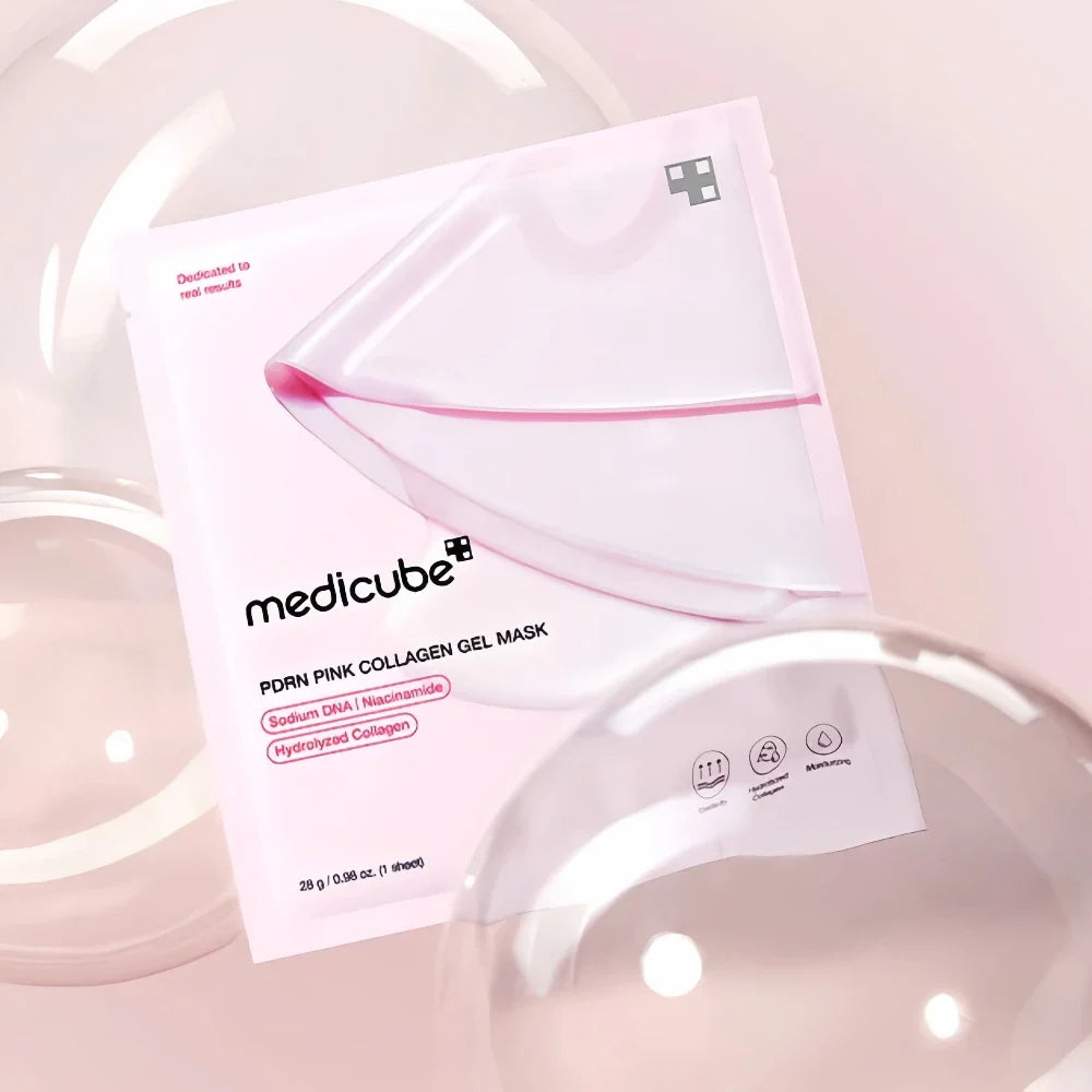 Medicube Pink Hydrogel Mask for sudden red facial heat stress, sunken cheek contours, flat dehydration lines, and dull lackluster skin tones – Plumping treatment from Atelier De Glow UK.