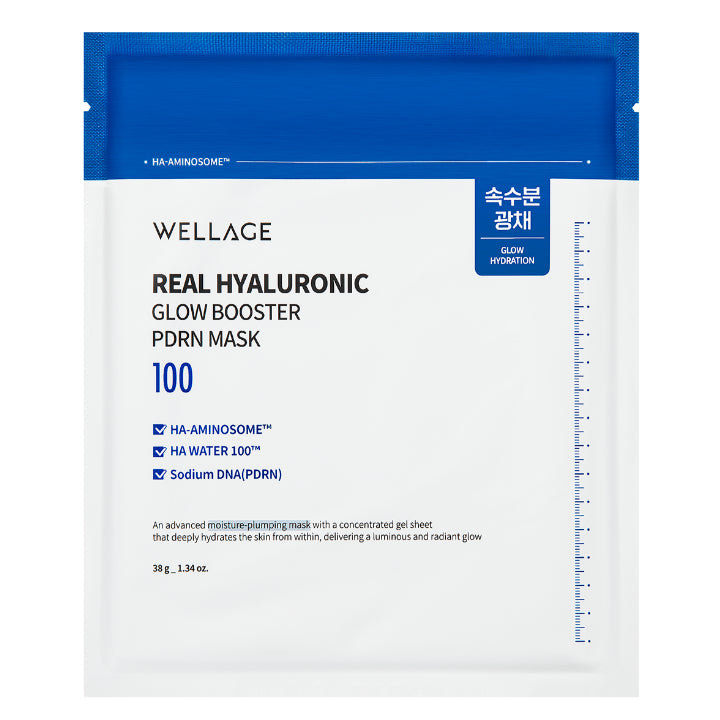 WELLAGE Real Hyaluronic Glow Booster PDRN Mask sachet 38g - Salmon DNA regenerative sheet mask - Atelier De Glow UK