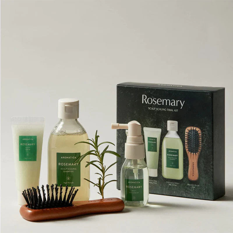 Aromatica Rosemary Kit for itchy flaking dandruff, excessive midday root grease, suffocated hair follicles, and limp thinning hair volume – Scalp detox from Atelier De Glow UK.