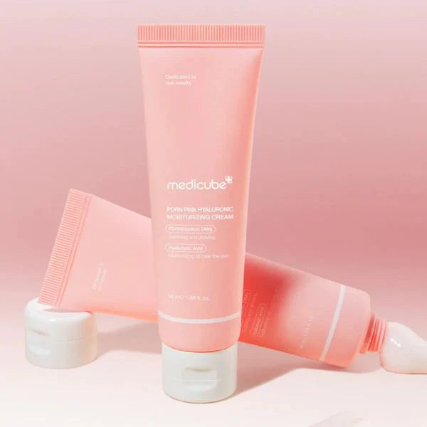 Medicube Pink Hyaluronic Cream for tight paper-thin skin barriers, hollow dehydration lines, flaky texture patches, and dull sallow complexions – Hydro balm from Atelier De Glow UK.
