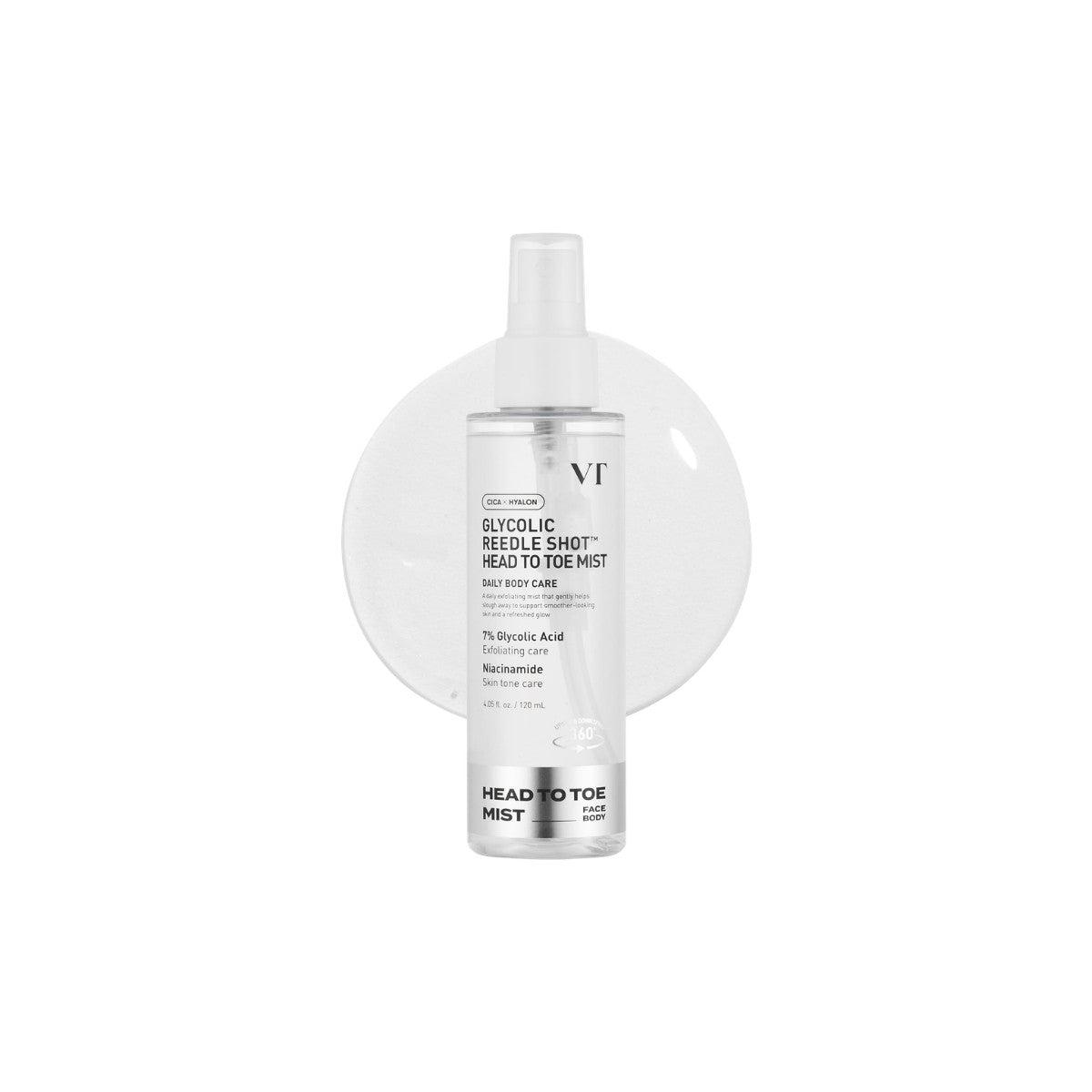 VT Glycolic Reedle Shot Head To Toe Mist 120ml – exfoliating body and facial mist with glycolic acid for skin texture refinement and smooth skin available at Atelier De Glow UK.