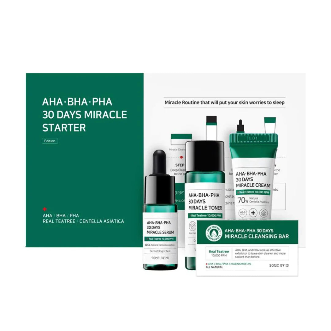 Some By Mi AHA, BHA, PHA 30 Days Miracle Starter Kit – 4-step acne-fighting skincare set with chemical exfoliants for clearer skin available at Atelier De Glow UK.