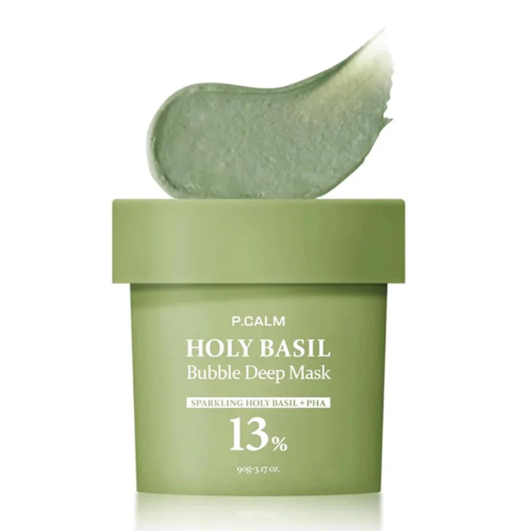 P.CALM Holy Basil Bubble Deep Mask 90g for pore cleansing, available at Atelier De Glow UK - K-Beauty Specialist.