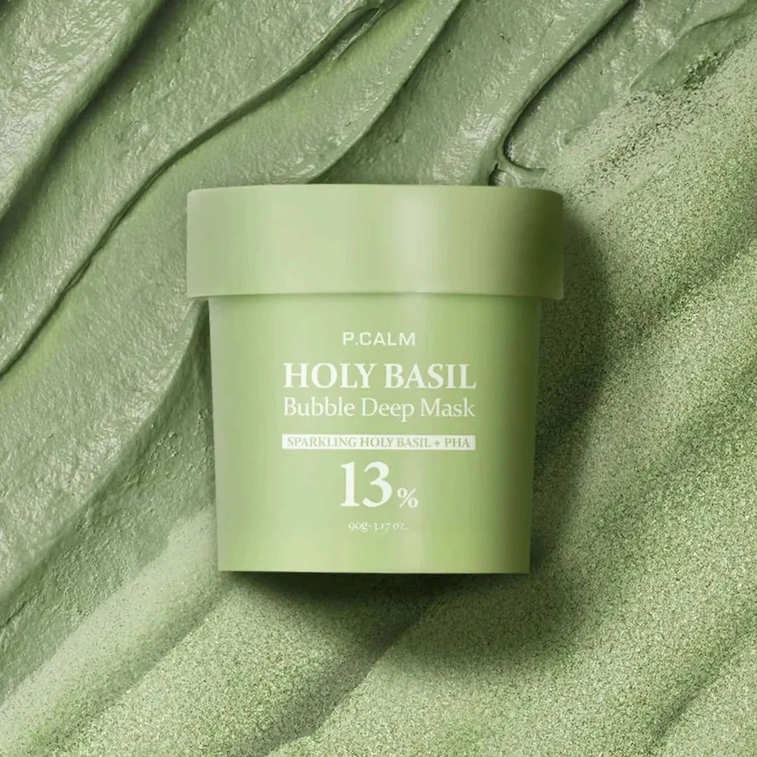 P.CALM Holy Basil Bubble Deep Mask 90g for pore cleansing, available at Atelier De Glow UK - K-Beauty Specialist.