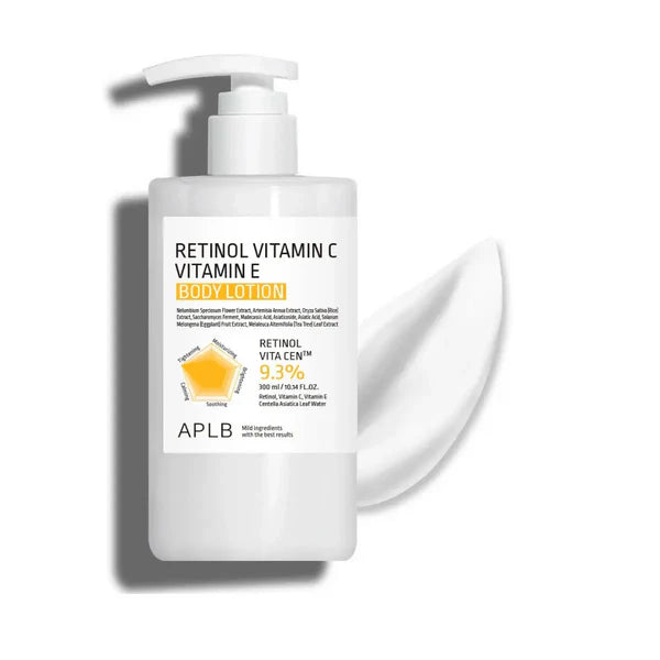 APLB Retinol Vitamin C Vitamin E Body Lotion 300ml pump bottle – Retinol, L-Ascorbic Acid, and Tocopherol Korean body care available at Atelier De Glow UK