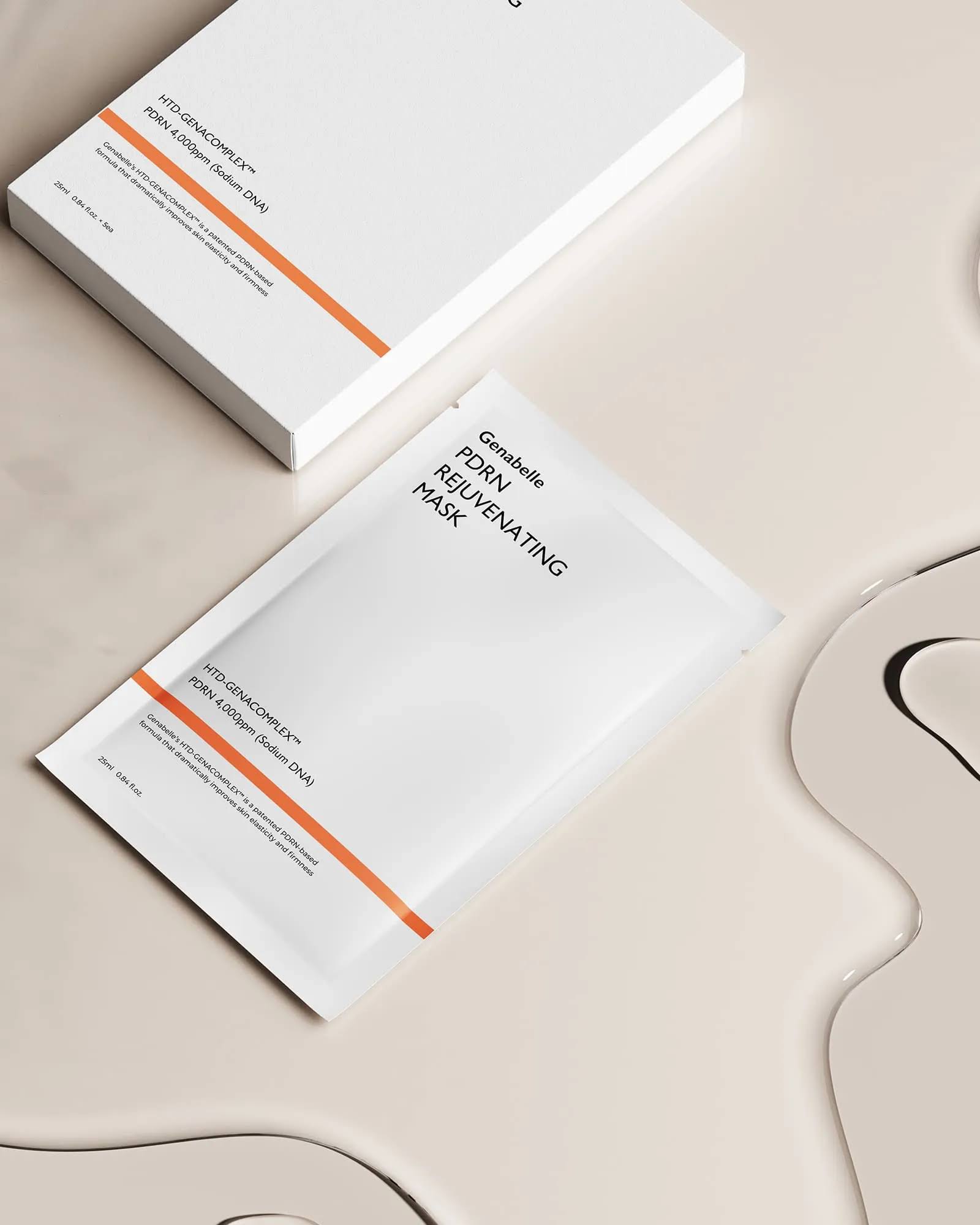 Soft, luxurious 3D embossed vegan fabric texture of Genabelle PDRN Rejuvenating Mask adhering seamlessly onto a face contour at Atelier De Glow UK.