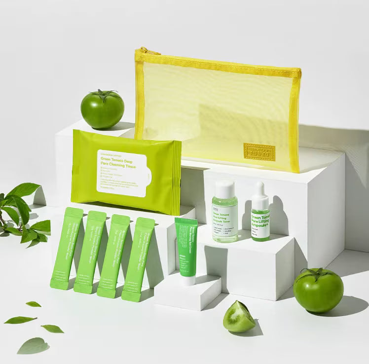 Compact, lightweight, and flight-ready design of SUNGBOON EDITOR Green Tomato miniatures displaying complete cleansing to sun defense stages at Atelier De Glow UK.
