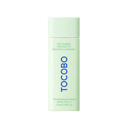 TOCOBO Cica Calming Sun Serum SPF50+ PA++++ – 50ml lightweight chemical sun serum with Fermented Centella and 10-layer Hyaluronic Acid available at Atelier De Glow UK.
