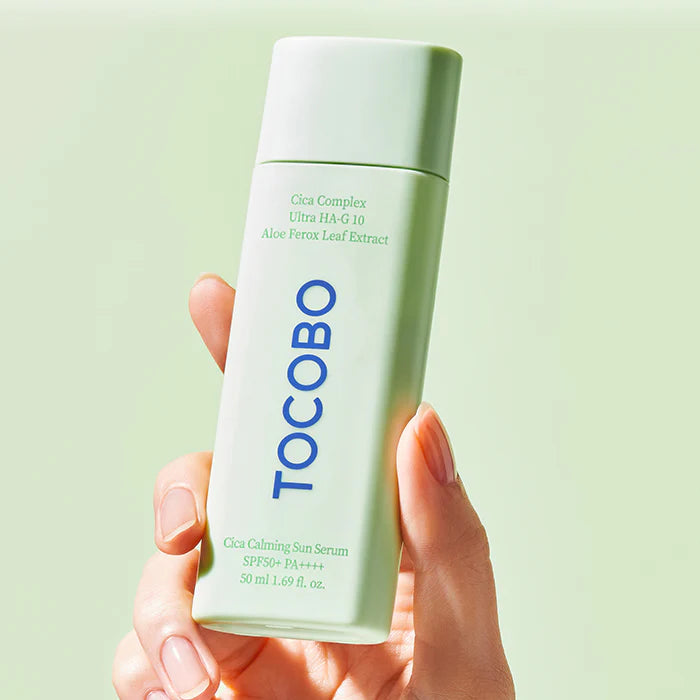 TOCOBO Cica Sun Serum for acne-prone skin redness, solar heat sensitivity, and morning T-zone oil surges – Soothing UV filter from Atelier De Glow UK.