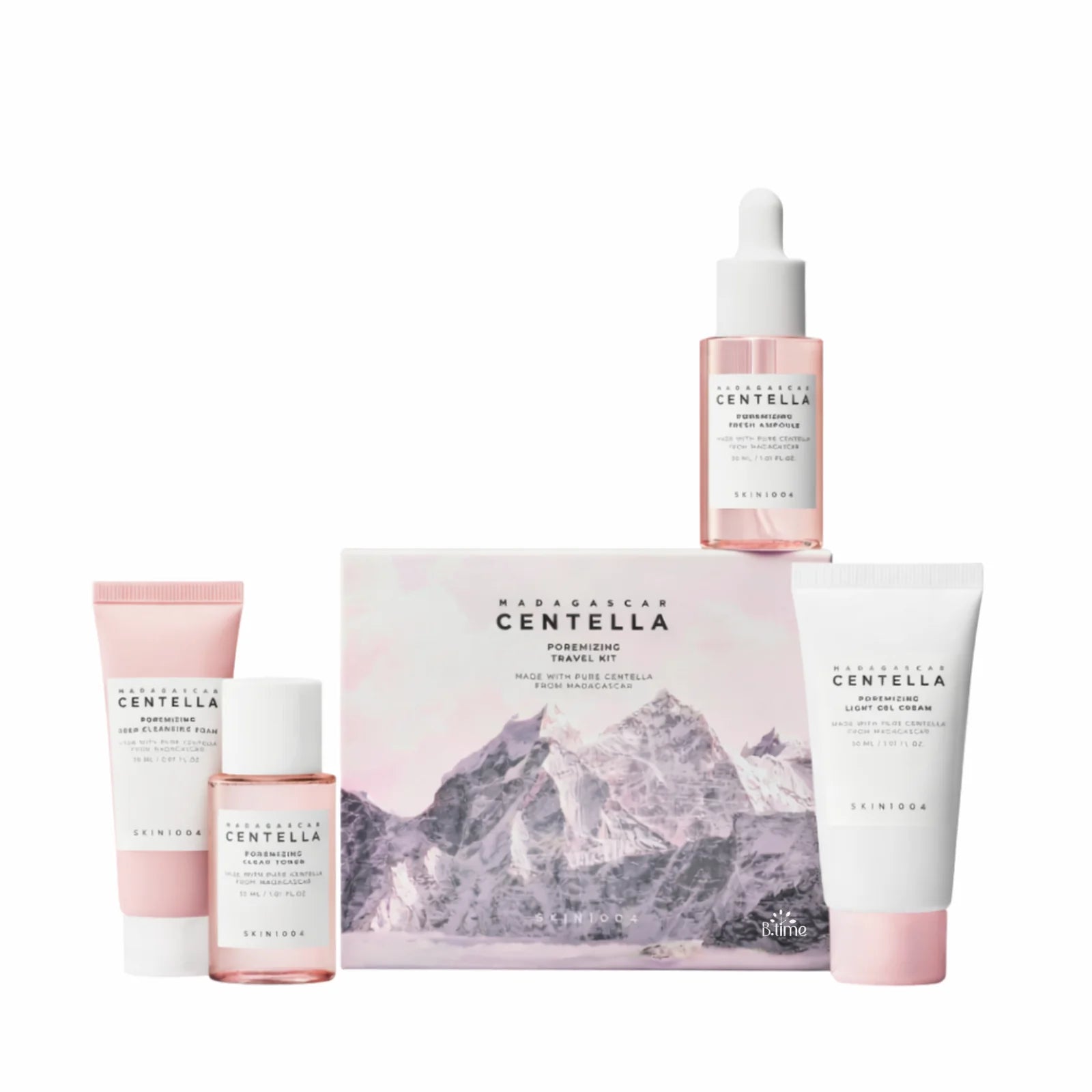 Skin1004 Madagascar Centella Poremizing Travel Kit – 4-piece portable pore-refining set featuring Cleansing Foam, Clear Toner, Fresh Ampoule, and Gel Cream available at Atelier De Glow UK.