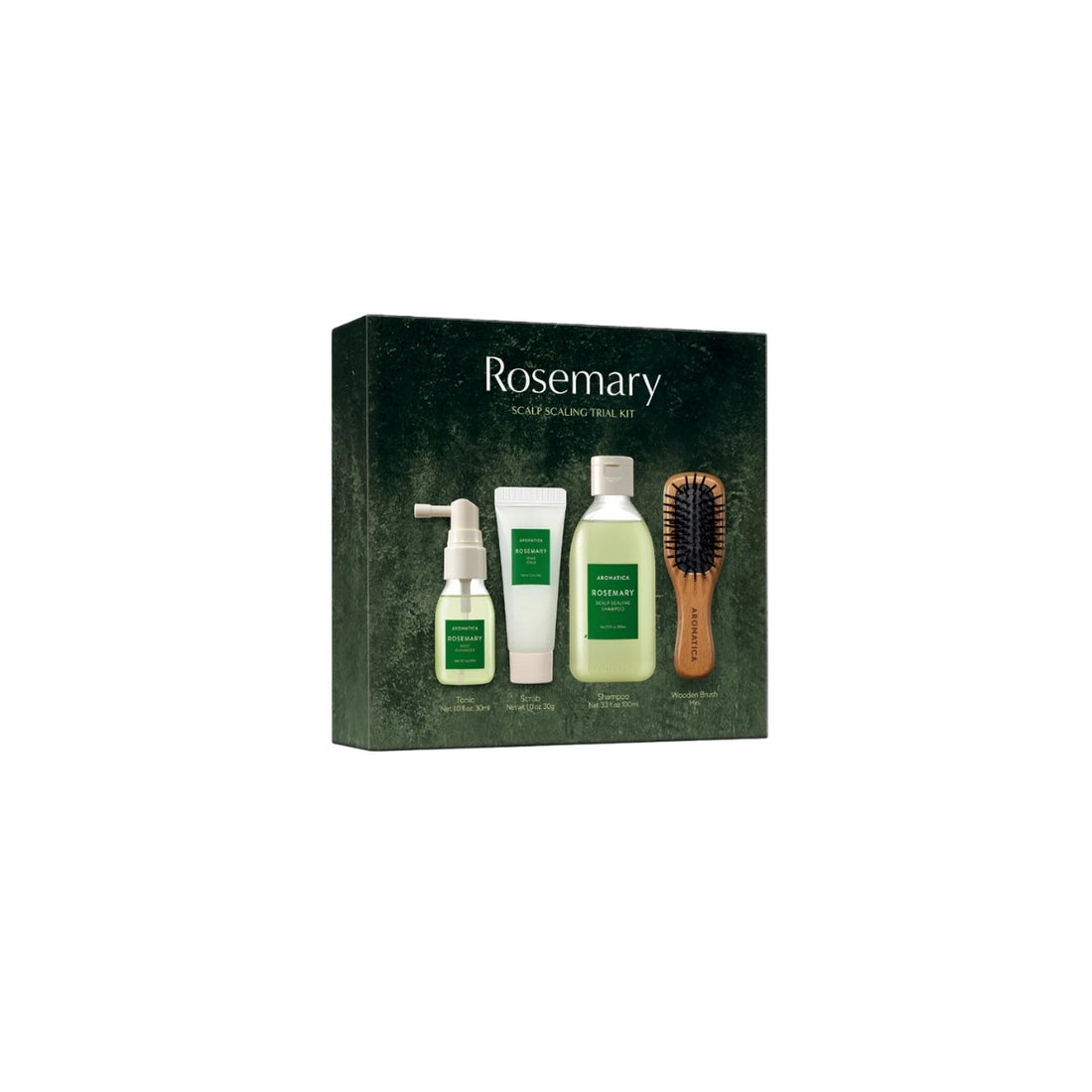 Aromatica Rosemary Scalp Scaling Trial Kit – Portable travel set containing Rosemary Scalp Scrub, Thickening Shampoo, and Root Enhancer available at Atelier De Glow UK.