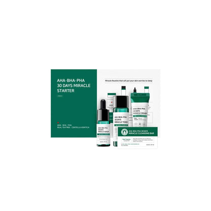 Some By Mi AHA, BHA, PHA 30 Days Miracle Starter Kit – 4-step acne-fighting skincare set with chemical exfoliants for clearer skin available at Atelier De Glow UK.