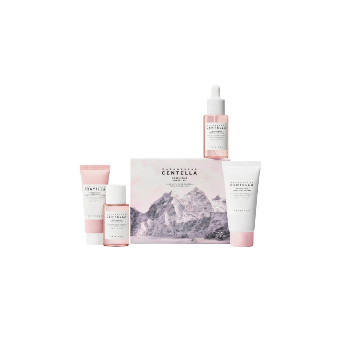 Skin1004 Madagascar Centella Poremizing Travel Kit – 4-piece portable pore-refining set featuring Cleansing Foam, Clear Toner, Fresh Ampoule, and Gel Cream available at Atelier De Glow UK.