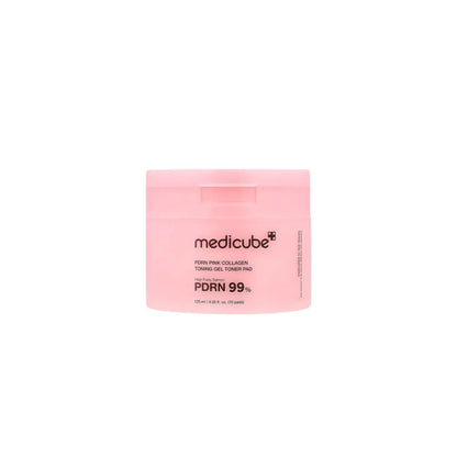 Medicube PDRN Pink Collagen Toning Gel Toner Pad – 70 count jar of clinical pre-soaked gel-coated plumping pads with Salmon DNA and Hydrolyzed Collagen available at Atelier De Glow UK.