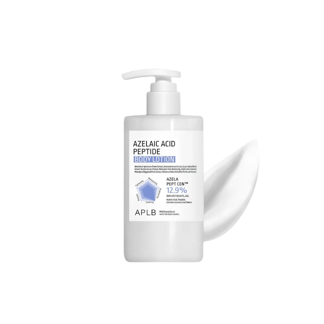 APLB Azelaic Acid Peptide Body Lotion 300ml – soothing and smoothing body moisturizer with centella and peptides for even skin tone at Atelier De Glow UK.