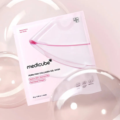 Medicube Pink Hydrogel Mask for sudden red facial heat stress, sunken cheek contours, flat dehydration lines, and dull lackluster skin tones – Plumping treatment from Atelier De Glow UK.