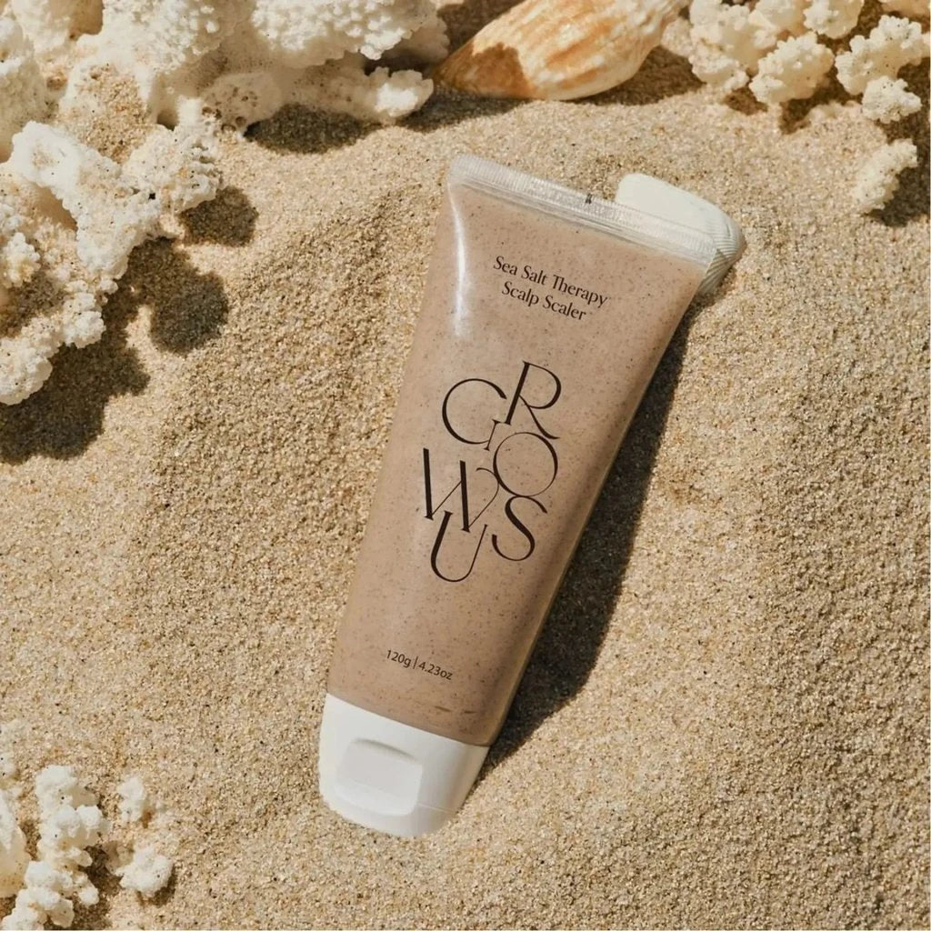 Grainy, self-heating sea salt texture of GROWUS Scalp Scaler – Foaming exfoliating scrub that dissolves completely for a refreshed scalp at Atelier De Glow UK.
