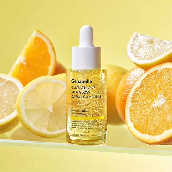 Fresh-burst capsule texture of Genabelle Vita Glow Ampoule – Lightweight, hydrating serum with stabilized active ingredients at Atelier De Glow UK.
