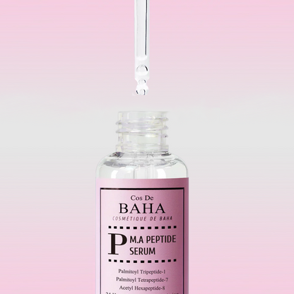 Rich, slippery, and fast-absorbing clear gel texture of Cos De Baha P M.A Peptide Serum smoothing over aging facial matrices at Atelier De Glow UK.