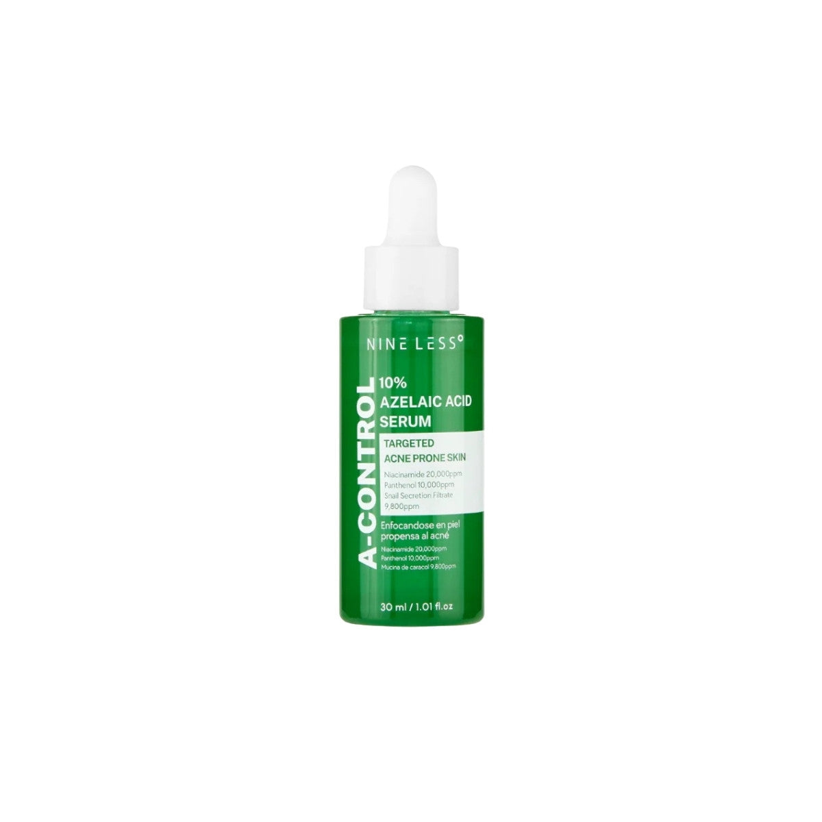 NINELESS A-Control 10% Azelaic Acid Serum 30ml – soothing facial serum formulated with 10% Azelaic Acid, Niacinamide, and Snail Mucin for acne-prone skin available at Atelier De Glow UK.