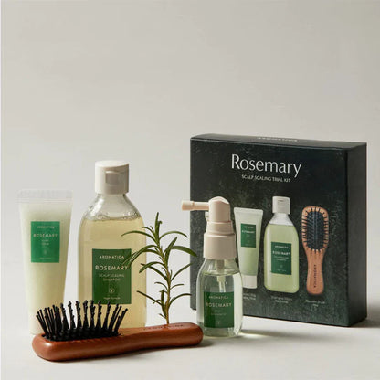 Aromatica Rosemary Kit for itchy flaking dandruff, excessive midday root grease, suffocated hair follicles, and limp thinning hair volume – Scalp detox from Atelier De Glow UK.