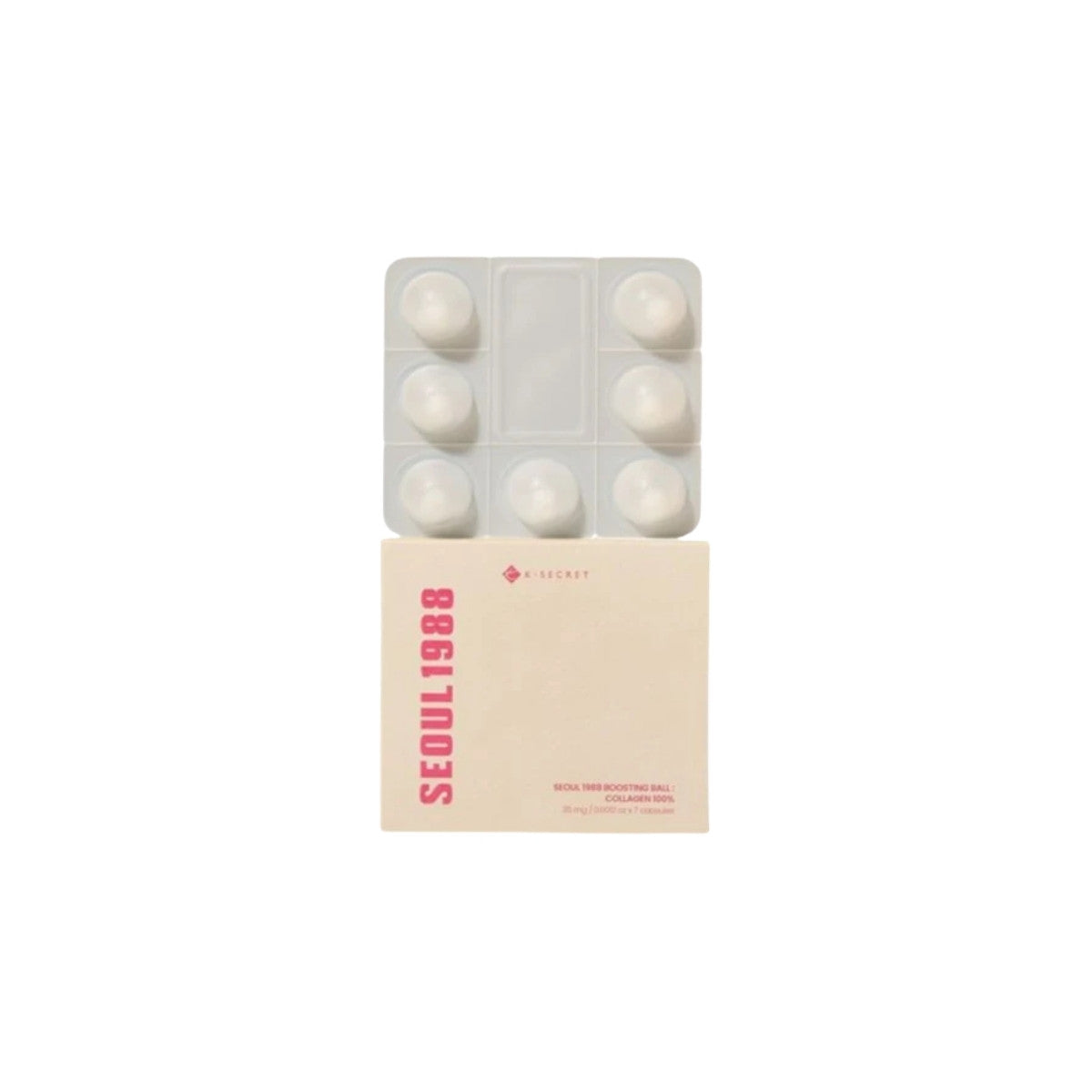KSECRET SEOUL 1988 Boosting Ball Collagen 100% – Pack of 7 innovative freeze-dried pure hydrolyzed collagen treatment capsules available at Atelier De Glow UK.