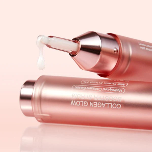 Medicube Collagen Glow Booster Serum for plumping deep forehead expression lines, texturized skin depressions, sallow facial dullness, and slackened chin boundaries from Atelier De Glow UK.