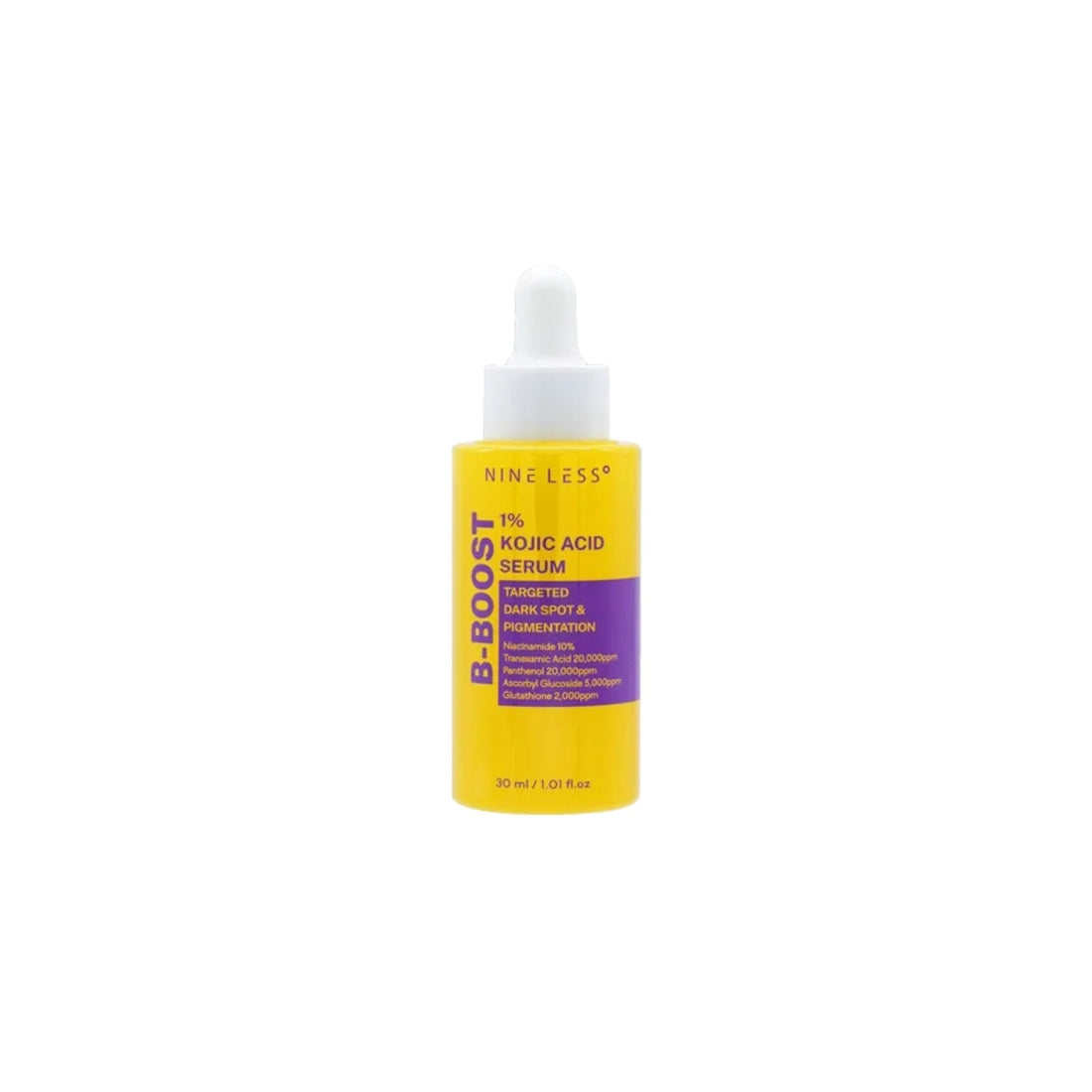 NINELESS B-Boost Serum – 30ml Korean brightening serum with 1% Kojic Acid, 10% Niacinamide, and Tranexamic Acid available at Atelier De Glow UK.