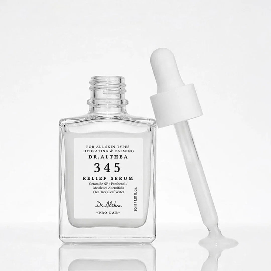 Dr. Althea 345 Relief Serum for sensitive and acne-prone skin, effectively reducing redness and improving post-blemish marks for a balanced complexion, available at Atelier De Glow UK.