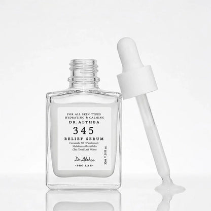 Dr. Althea 345 Relief Serum for sensitive and acne-prone skin, effectively reducing redness and improving post-blemish marks for a balanced complexion, available at Atelier De Glow UK.