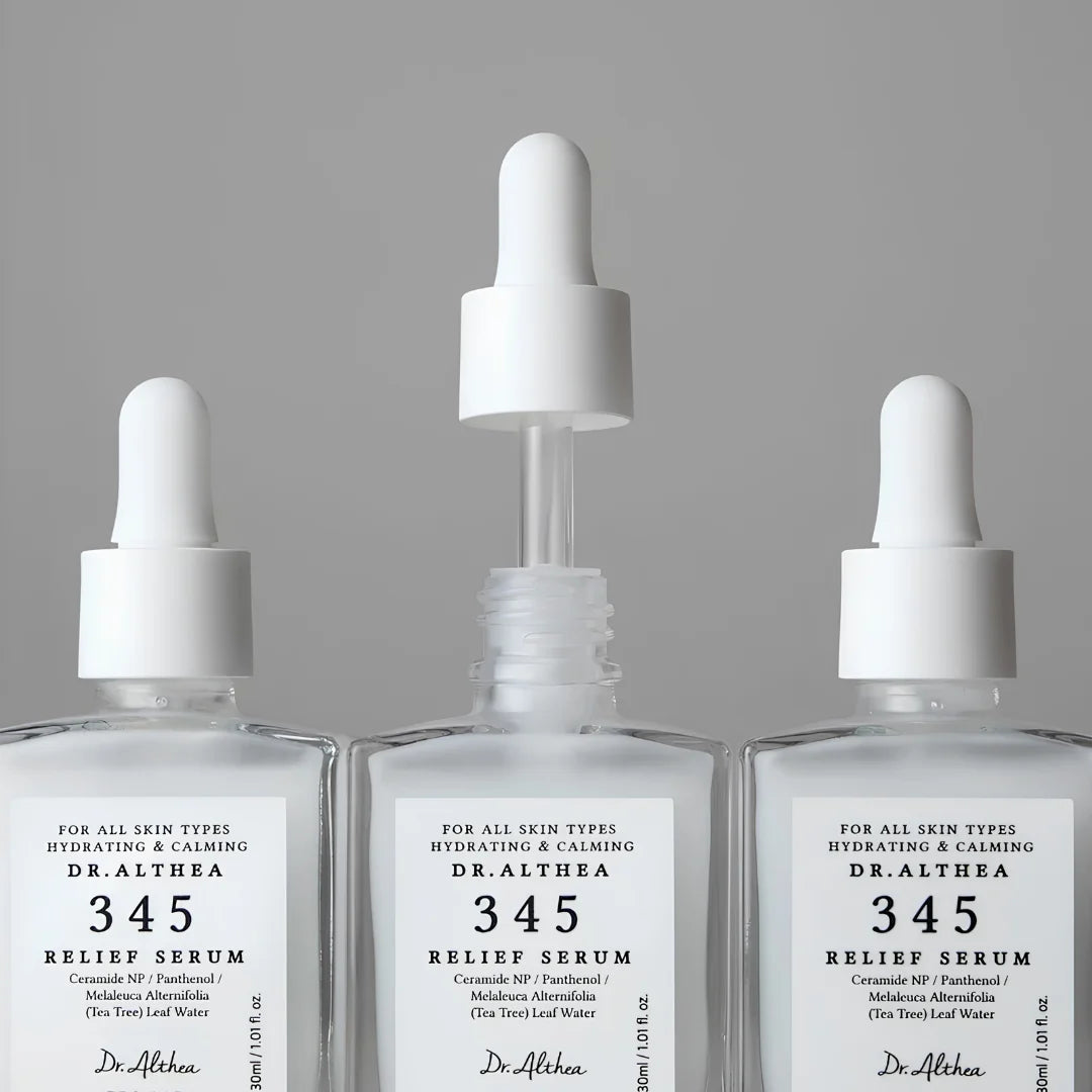 Lightweight, fast-absorbing Dr. Althea 345 Relief Serum designed for daily hydration and moisture replenishment without a sticky finish, shop online at Atelier De Glow UK.
