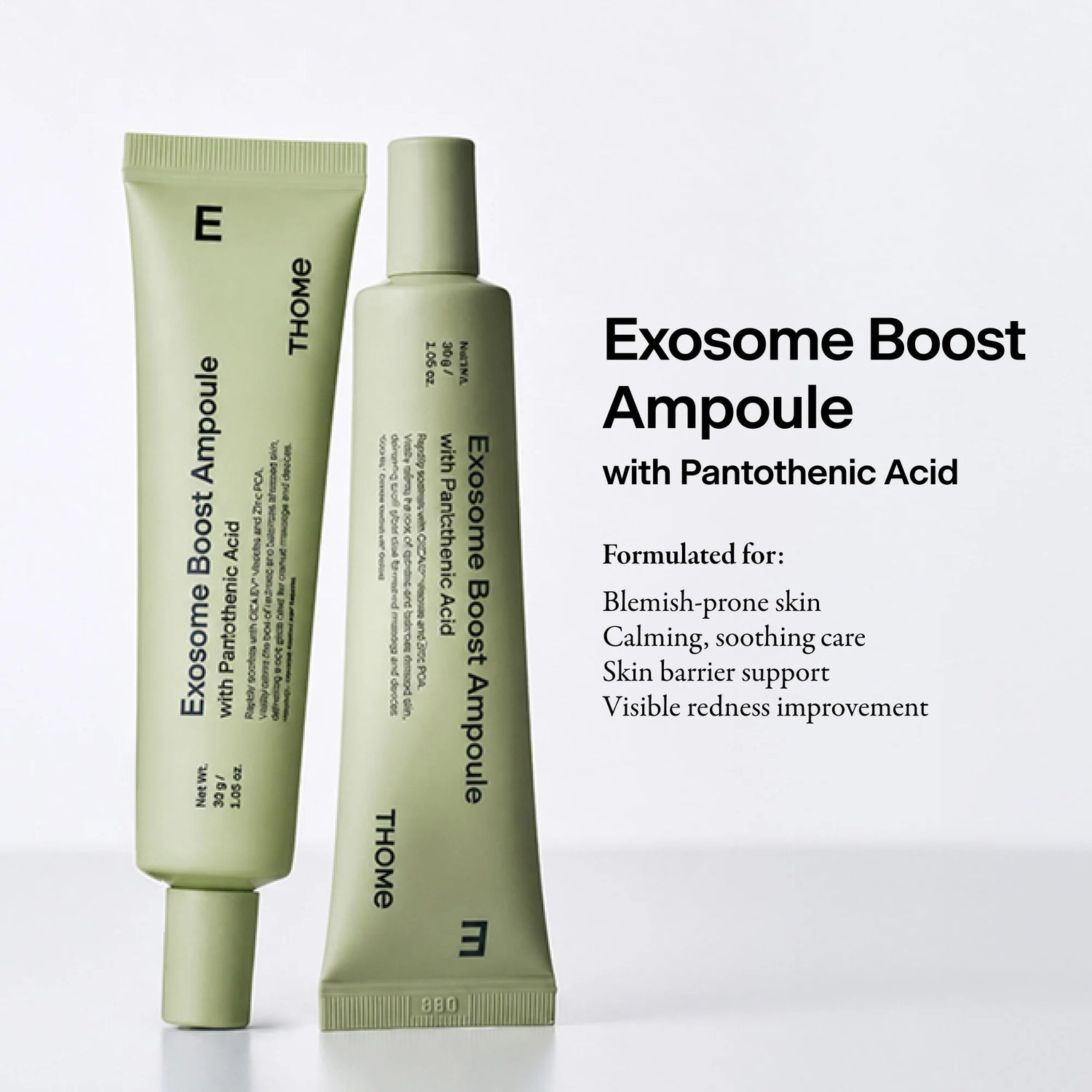 THOME Exosome Boost Ampoule for calming active breakouts, reducing redness, and balancing sebum levels on sensitive or troubled skin from Atelier De Glow UK.