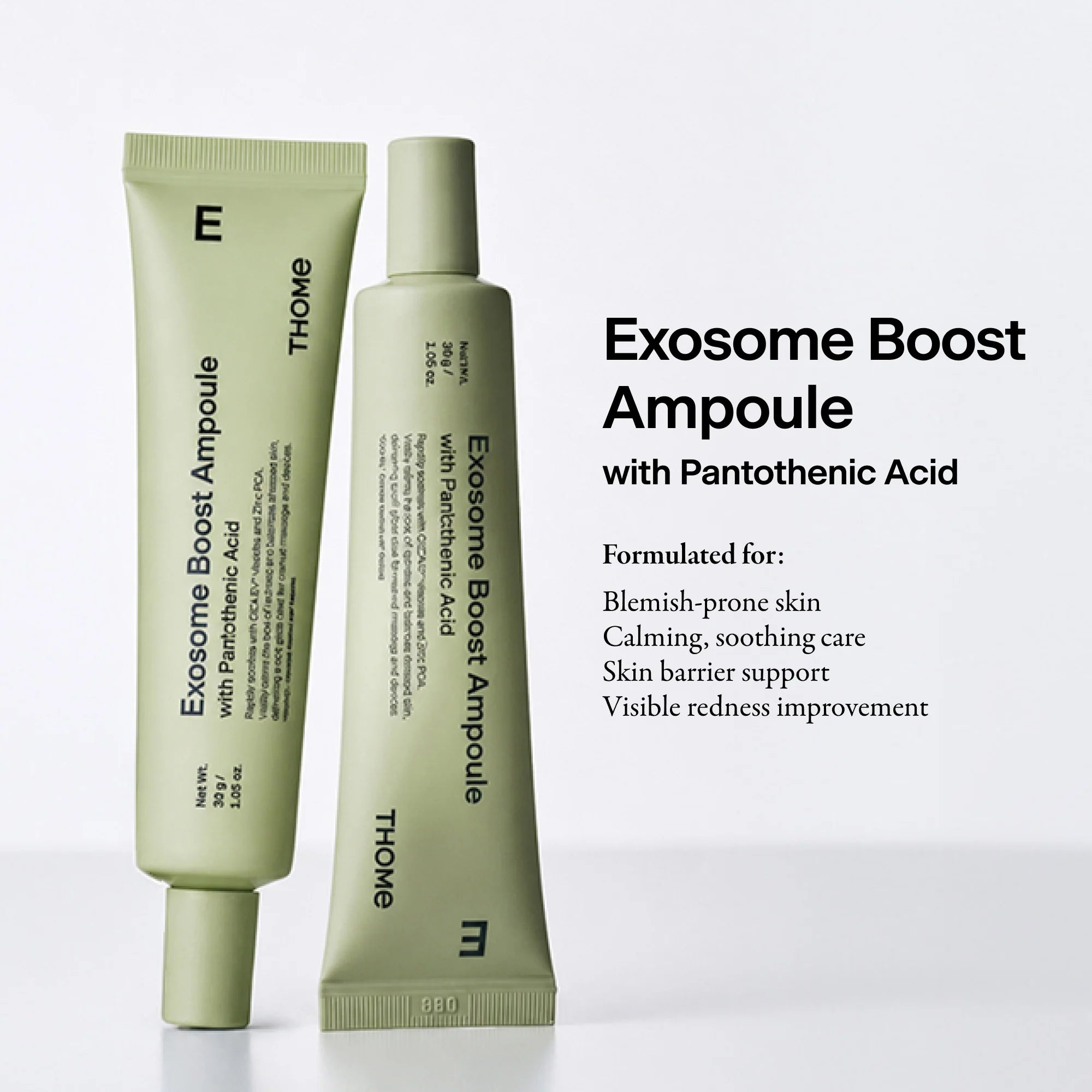THOME Exosome Boost Ampoule for calming active breakouts, reducing redness, and balancing sebum levels on sensitive or troubled skin from Atelier De Glow UK.