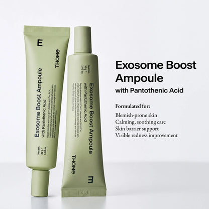 THOME Exosome Boost Ampoule for calming active breakouts, reducing redness, and balancing sebum levels on sensitive or troubled skin from Atelier De Glow UK.