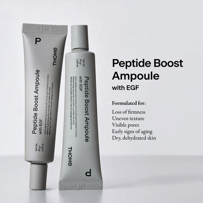 THOME Peptide Boost Ampoule for improving skin elasticity, tightening enlarged pores, and smoothing uneven texture on mature or tired skin from Atelier De Glow UK.