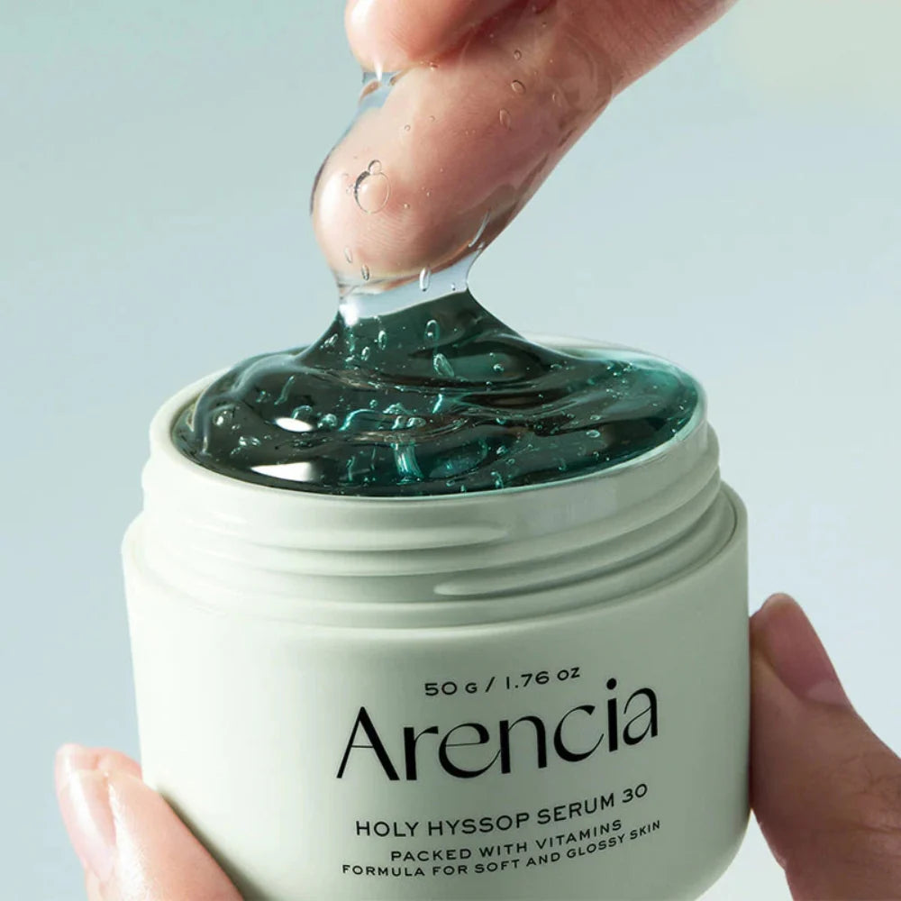 Lightweight, fast-absorbing texture of Arencia Holy Hyssop Serum – Refreshing Korean herbal serum for a clear "Glass Skin" base at Atelier De Glow UK.
