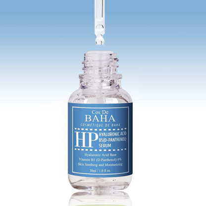 Plumping, intensely slippery, and fast-absorbing clear fluid gel texture of Cos De Baha Hyaluronic Serum melting into a dry skin canvas at Atelier De Glow UK.