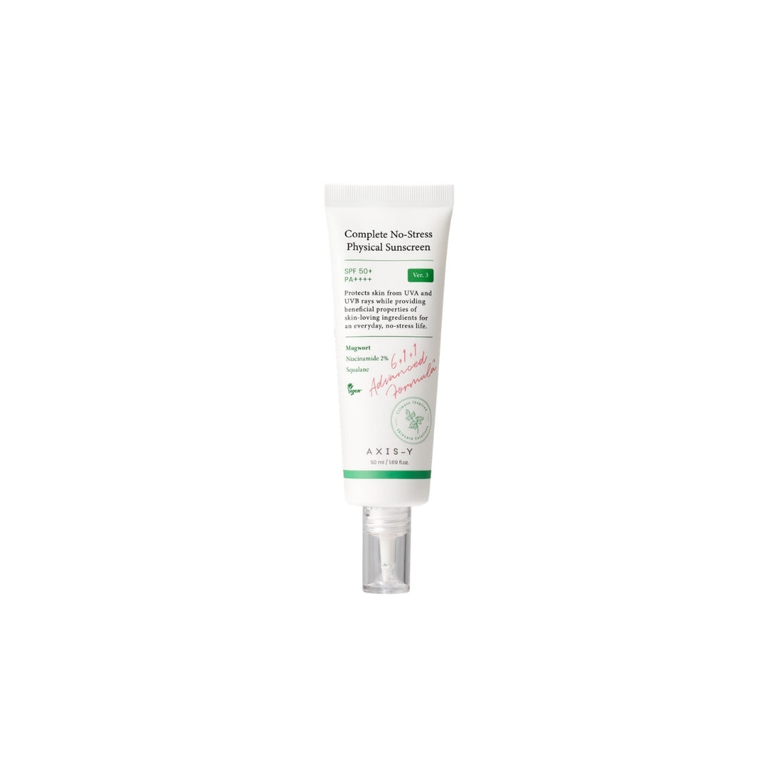 AXIS-Y Complete No Stress Physical Sunscreen SPF50+ PA++++ – Mineral Korean sunscreen with Mugwort and Niacinamide available at Atelier De Glow UK.