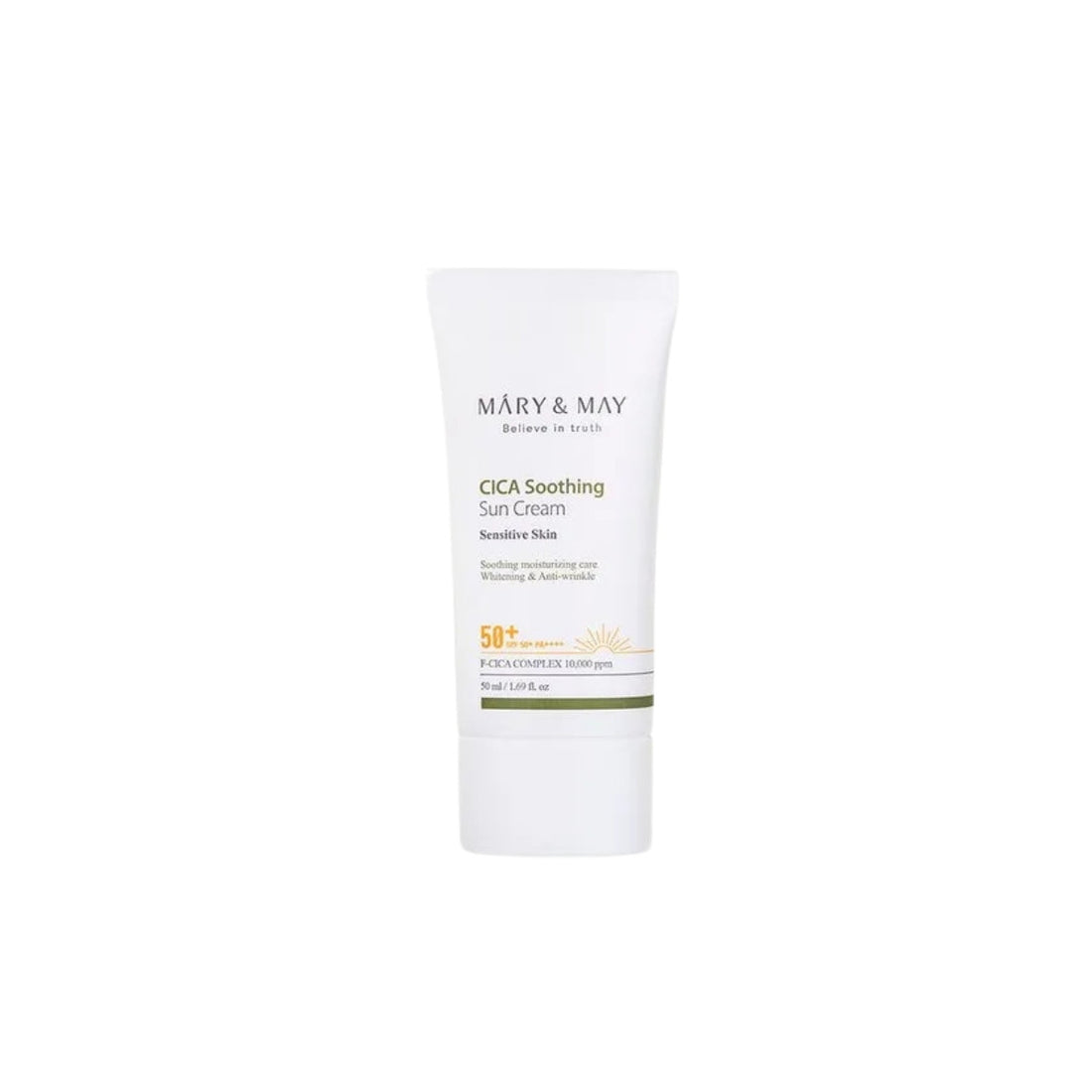 MARY &amp; MAY Cica Soothing Sun Cream SPF50+ PA++++ – 50ml lightweight chemical daily sunscreen with 10,000ppm fermented cica complex available at Atelier De Glow UK.