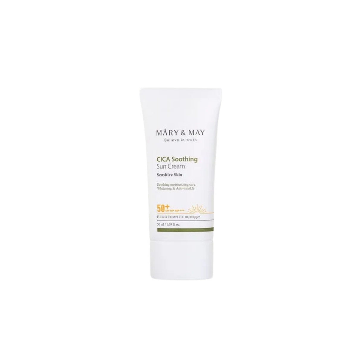 MARY &amp; MAY Cica Soothing Sun Cream SPF50+ PA++++ – 50ml lightweight chemical daily sunscreen with 10,000ppm fermented cica complex available at Atelier De Glow UK.