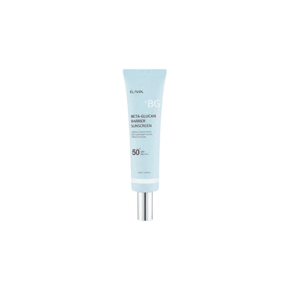 iUNIK Beta-Glucan Barrier Sunscreen – 60ml premium chemical K-beauty sunscreen formulated with 5-Layer Sun Filter, Beta-Glucan, and Aging-Shield Peptide available at Atelier De Glow UK.
