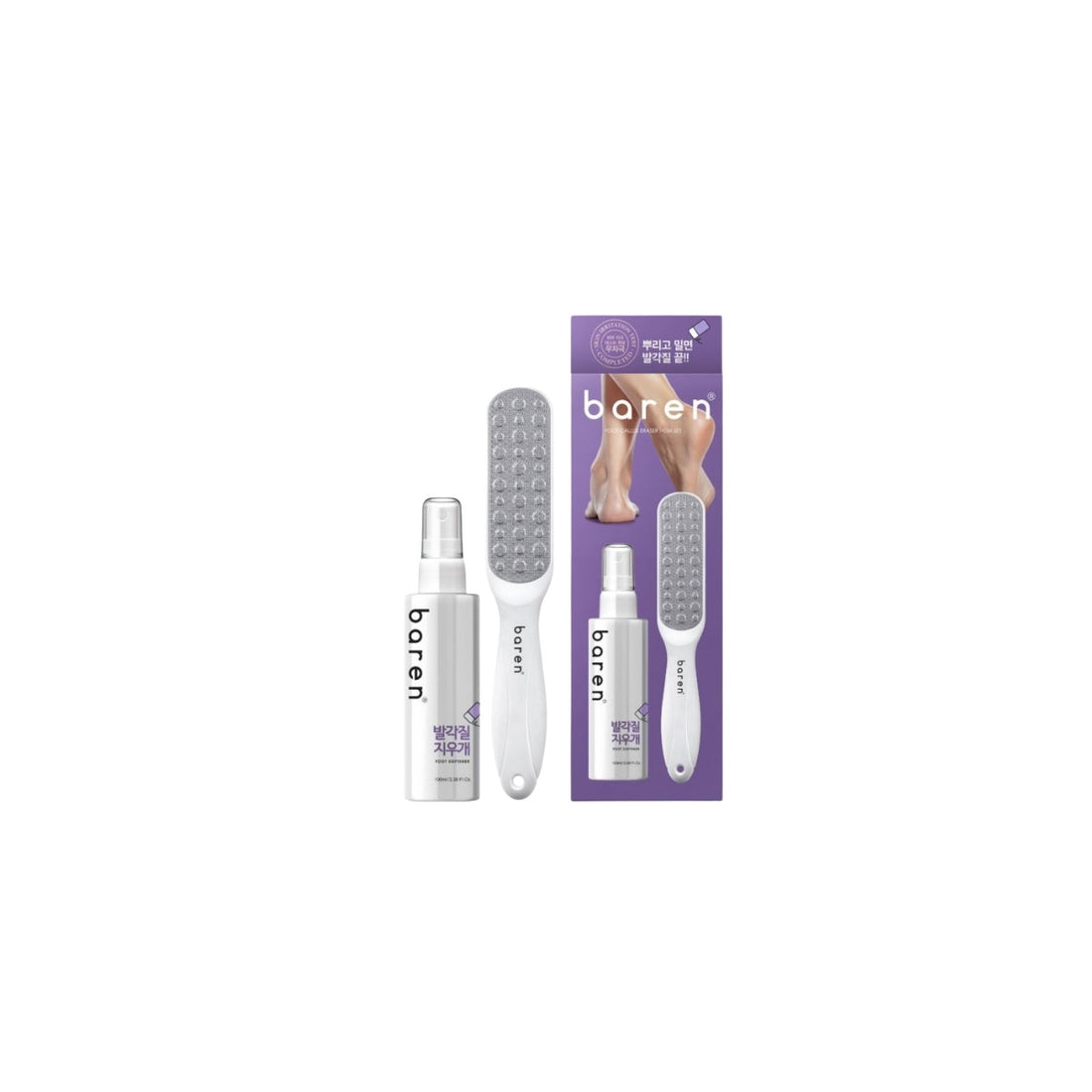 Fast-absorbing liquid spray of Baren Foot Softener misting over rough skin and rolling away dead calluses effortlessly at Atelier De Glow UK.