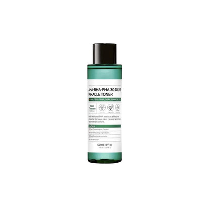 Some By Mi AHA BHA PHA 30 Days Miracle Toner 150ml – exfoliating facial toner with Tea Tree extract for acne-prone skin available at Atelier De Glow UK.