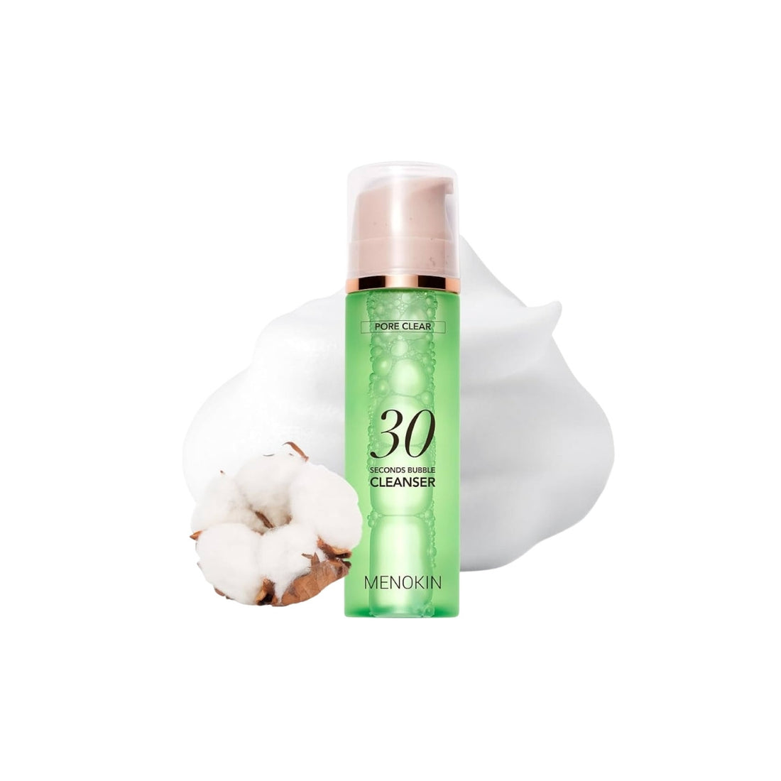 MENOKIN 30 Seconds Bubble Cleanser – pH-balanced, non-irritating face wash for soothing sensitive skin while effectively removing daily pollutants and sunscreen.