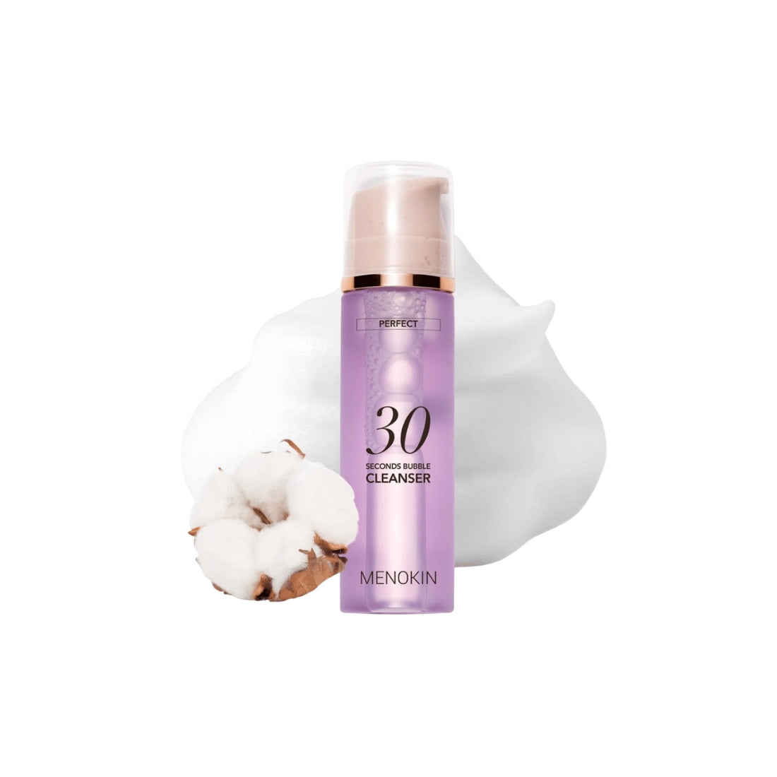MENOKIN 30 Seconds Bubble Cleanser 150ml featuring Cotton Fruit Extract and low-irritation pH-balanced formula for gentle daily facial cleansing.