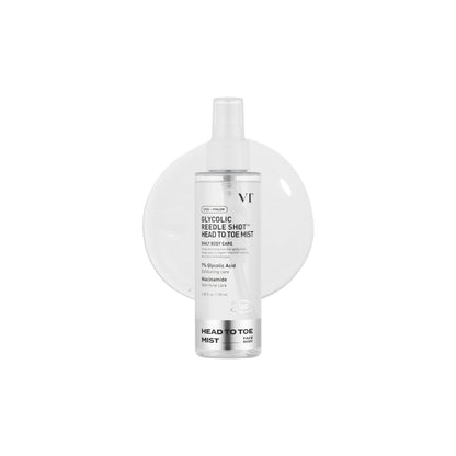VT Glycolic Reedle Shot Head To Toe Mist 120ml – exfoliating body and facial mist with glycolic acid for skin texture refinement and smooth skin available at Atelier De Glow UK.