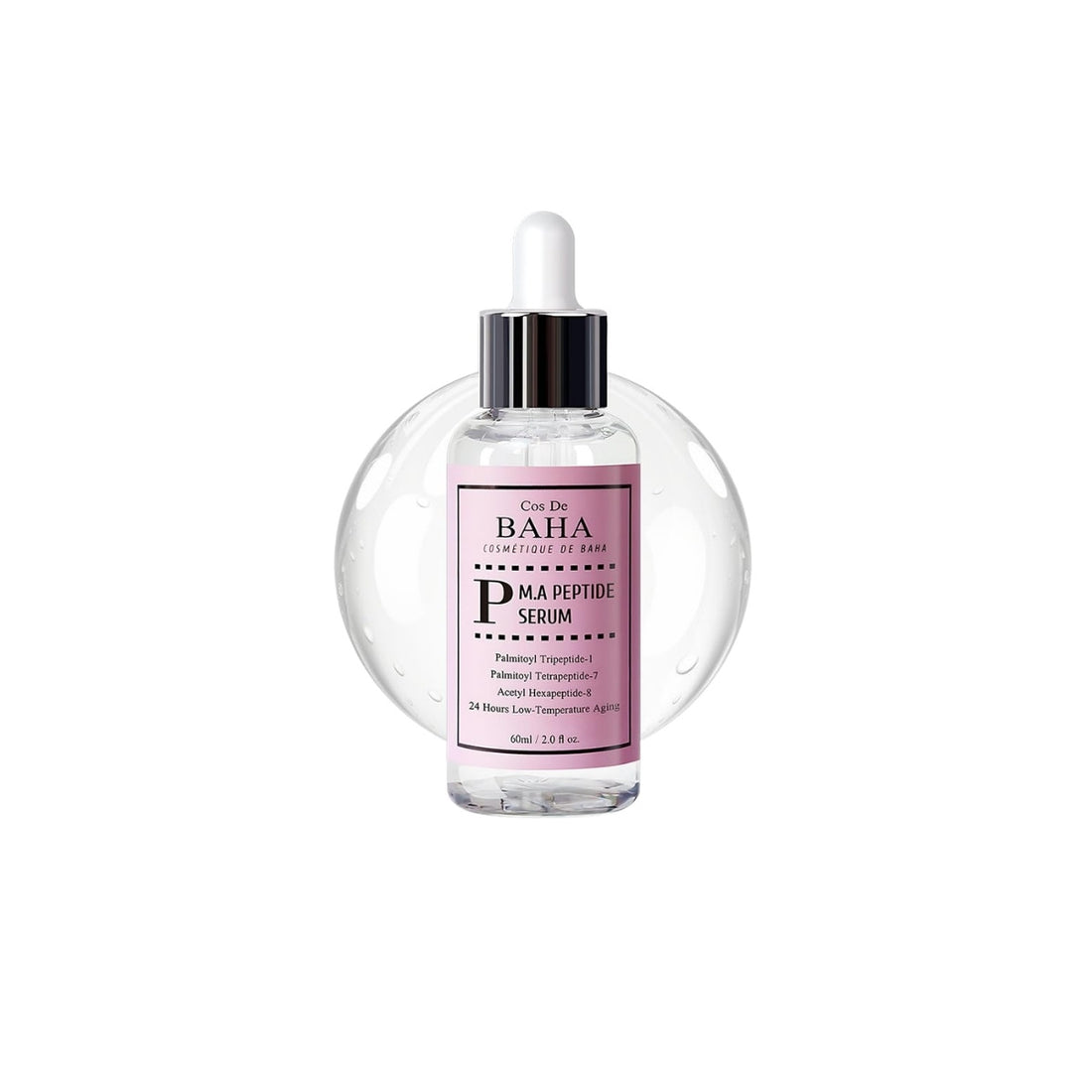 Cos De Baha P M.A Peptide Serum (M.A) – 60ml jumbo-size high-concentration Matrixyl 3000 and Argireline lifting serum in an Aloe base available at Atelier De Glow UK.