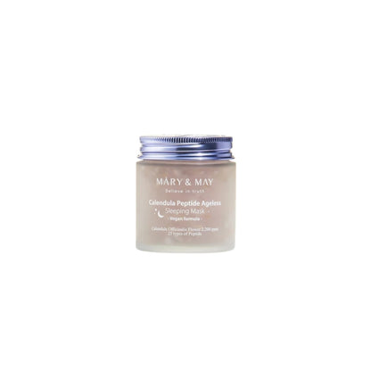 MARY &amp; MAY Calendula Peptide Ageless Sleeping Mask – 110ml vegan anti-aging night gel mask with 25 peptides and real calendula petals available at Atelier De Glow UK.