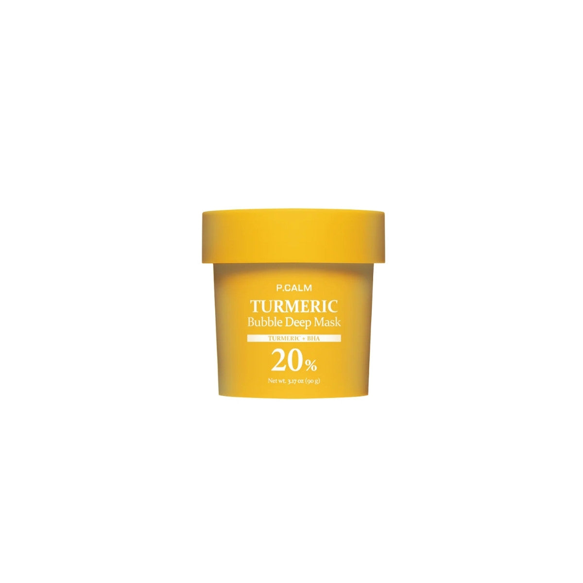P.CALM Turmeric Bubble Deep Mask 90g – soothing clay-to-bubble wash-off mask with BHA for acne-prone and sensitive skin, available at Atelier De Glow UK.
