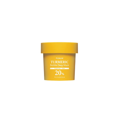 P.CALM Turmeric Bubble Deep Mask 90g – soothing clay-to-bubble wash-off mask with BHA for acne-prone and sensitive skin, available at Atelier De Glow UK.
